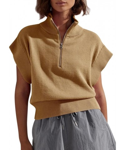 Womens Short Sleeve Cropped Knit Tops Half Zip Cap Sleeve Lightweight Oversized Sweater Vest Apricot $16.17 Sweaters