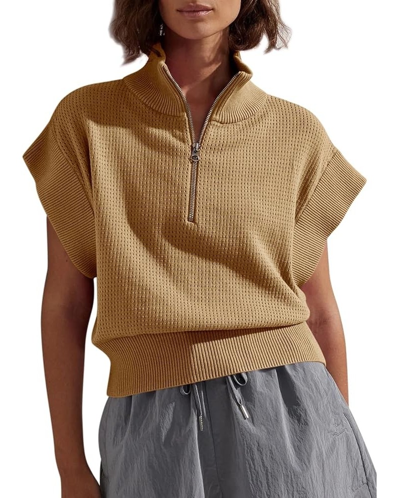 Womens Short Sleeve Cropped Knit Tops Half Zip Cap Sleeve Lightweight Oversized Sweater Vest Apricot $16.17 Sweaters