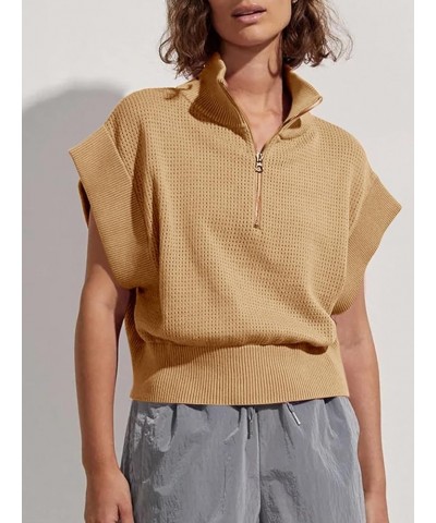 Womens Short Sleeve Cropped Knit Tops Half Zip Cap Sleeve Lightweight Oversized Sweater Vest Apricot $16.17 Sweaters