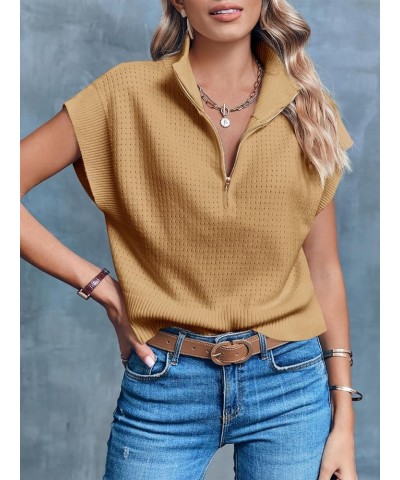 Womens Short Sleeve Cropped Knit Tops Half Zip Cap Sleeve Lightweight Oversized Sweater Vest Apricot $16.17 Sweaters