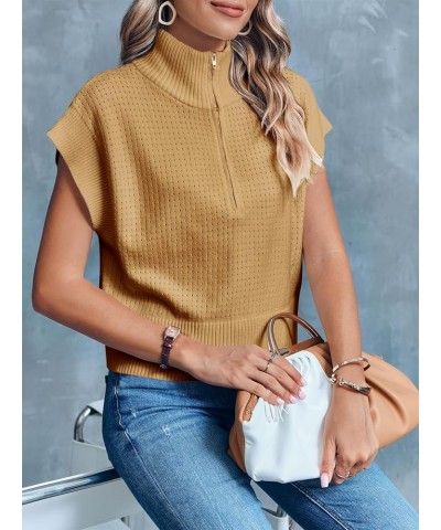 Womens Short Sleeve Cropped Knit Tops Half Zip Cap Sleeve Lightweight Oversized Sweater Vest Apricot $16.17 Sweaters