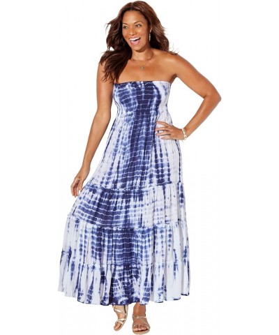 Women's Plus Size Strapless Smocked Maxi Dress Cover Up Blue Tie Dye $26.61 Swimsuits