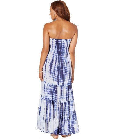 Women's Plus Size Strapless Smocked Maxi Dress Cover Up Blue Tie Dye $26.61 Swimsuits