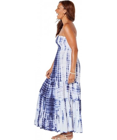 Women's Plus Size Strapless Smocked Maxi Dress Cover Up Blue Tie Dye $26.61 Swimsuits