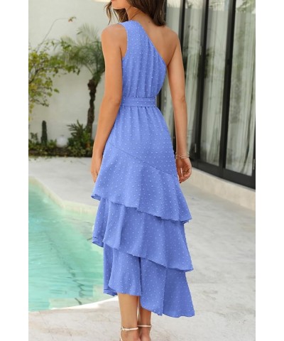 Women's Summer Floral Sundress Casual One Shoulder Tiered Ruffle Flowy Midi Beach Boho Dresses Swiss Dot Blue $23.39 Dresses