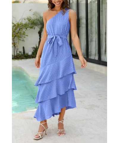 Women's Summer Floral Sundress Casual One Shoulder Tiered Ruffle Flowy Midi Beach Boho Dresses Swiss Dot Blue $23.39 Dresses