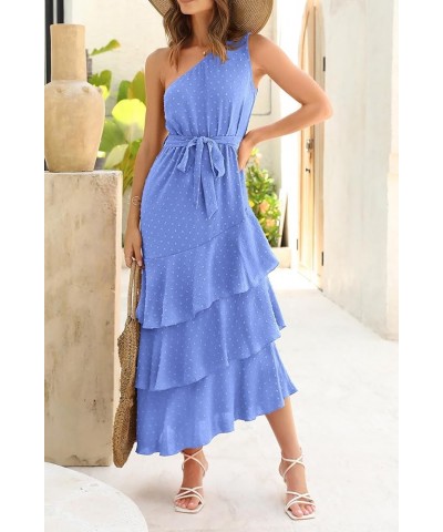 Women's Summer Floral Sundress Casual One Shoulder Tiered Ruffle Flowy Midi Beach Boho Dresses Swiss Dot Blue $23.39 Dresses