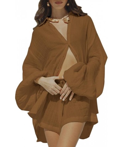 Women 2 Piece Outfits Summer Shorts Sets Lantern Sleeve Button Down Shirt and Shorts Sweatsuit Brown $18.89 Sleep & Lounge