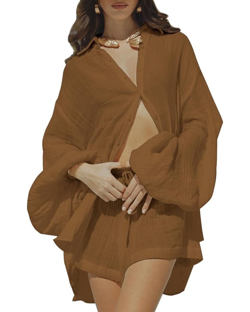 Women 2 Piece Outfits Summer Shorts Sets Lantern Sleeve Button Down Shirt and Shorts Sweatsuit Brown $18.89 Sleep & Lounge