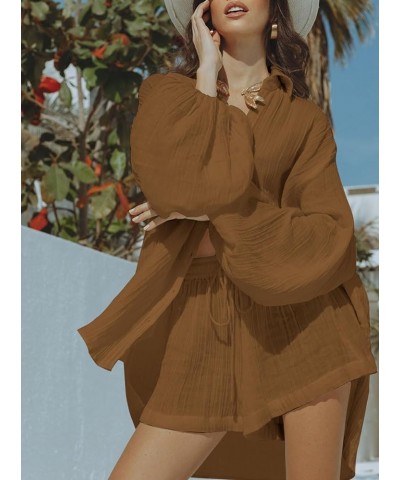 Women 2 Piece Outfits Summer Shorts Sets Lantern Sleeve Button Down Shirt and Shorts Sweatsuit Brown $18.89 Sleep & Lounge