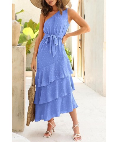 Women's Summer Floral Sundress Casual One Shoulder Tiered Ruffle Flowy Midi Beach Boho Dresses Swiss Dot Blue $23.39 Dresses