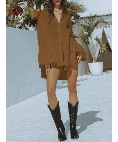 Women 2 Piece Outfits Summer Shorts Sets Lantern Sleeve Button Down Shirt and Shorts Sweatsuit Brown $18.89 Sleep & Lounge