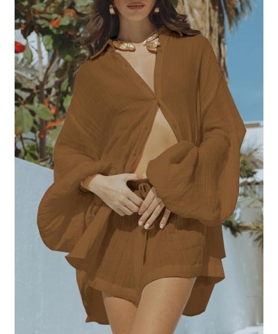 Women 2 Piece Outfits Summer Shorts Sets Lantern Sleeve Button Down Shirt and Shorts Sweatsuit Brown $18.89 Sleep & Lounge