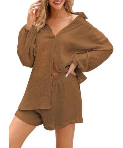 Women 2 Piece Outfits Summer Shorts Sets Lantern Sleeve Button Down Shirt and Shorts Sweatsuit Brown $18.89 Sleep & Lounge