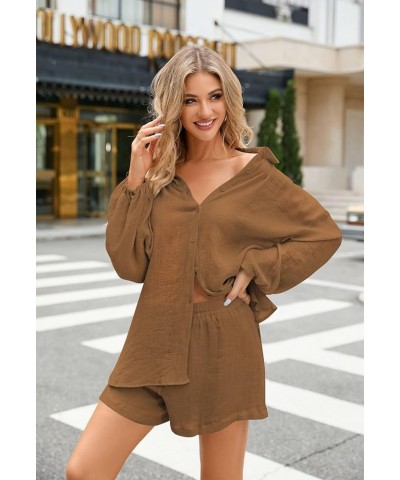 Women 2 Piece Outfits Summer Shorts Sets Lantern Sleeve Button Down Shirt and Shorts Sweatsuit Brown $18.89 Sleep & Lounge