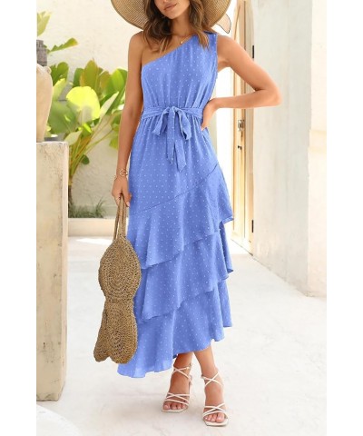 Women's Summer Floral Sundress Casual One Shoulder Tiered Ruffle Flowy Midi Beach Boho Dresses Swiss Dot Blue $23.39 Dresses