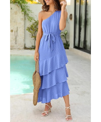 Women's Summer Floral Sundress Casual One Shoulder Tiered Ruffle Flowy Midi Beach Boho Dresses Swiss Dot Blue $23.39 Dresses