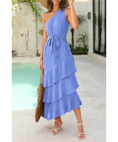 Women's Summer Floral Sundress Casual One Shoulder Tiered Ruffle Flowy Midi Beach Boho Dresses Swiss Dot Blue $23.39 Dresses