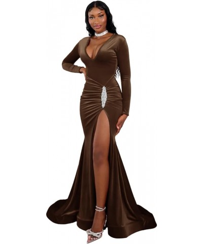 Long Sleeve Gowns Formal Evening Dresses Mermaid Prom Dresses Slit V Neck Womens Bodycon Velvet Gowns Wedding Guest Brown $34...