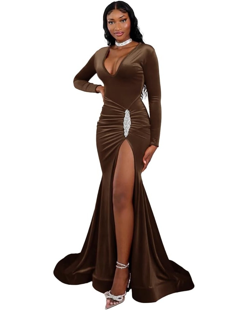 Long Sleeve Gowns Formal Evening Dresses Mermaid Prom Dresses Slit V Neck Womens Bodycon Velvet Gowns Wedding Guest Brown $34...