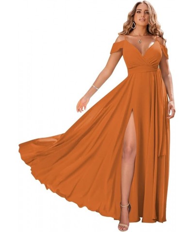 Women's Off Shoulder Long Bridesmaid Dresses Chiffon V Neck Formal Dress with Slit Wedding Party Gowns Orange $22.00 Dresses