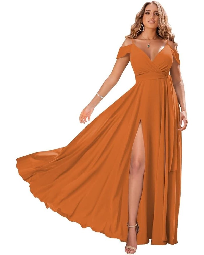 Women's Off Shoulder Long Bridesmaid Dresses Chiffon V Neck Formal Dress with Slit Wedding Party Gowns Orange $22.00 Dresses