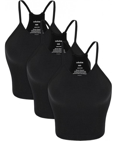 Women's Crop 3-Pack Washed Seamless Rib-Knit Camisole Crop Tank Tops Black-3 Pack (Waist Length) $13.59 Tanks