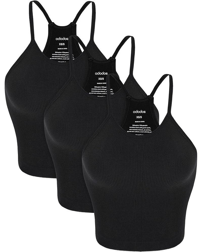 Women's Crop 3-Pack Washed Seamless Rib-Knit Camisole Crop Tank Tops Black-3 Pack (Waist Length) $13.59 Tanks