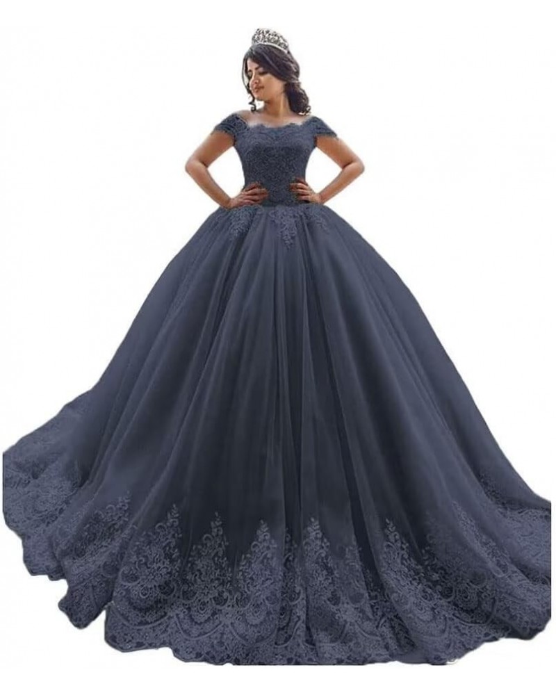 Off Shoulder Quinceanera Dresses Ball Gowns for Women 2022 Lace Puffy Tulle Long Prom Dresses with Train Navy Blue $42.90 Dre...