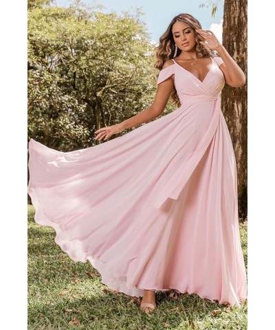 Women's Off Shoulder Long Bridesmaid Dresses Chiffon V Neck Formal Dress with Slit Wedding Party Gowns Orange $22.00 Dresses