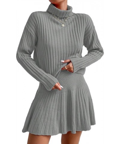 Women's 2 Piece Long Sleeve Turtleneck Drop Shoulder Ribbed Knit Sweater and Skirt Sets Grey $18.40 Sweaters