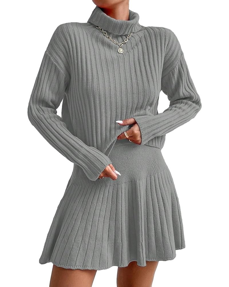 Women's 2 Piece Long Sleeve Turtleneck Drop Shoulder Ribbed Knit Sweater and Skirt Sets Grey $18.40 Sweaters