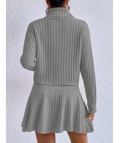 Women's 2 Piece Long Sleeve Turtleneck Drop Shoulder Ribbed Knit Sweater and Skirt Sets Grey $18.40 Sweaters