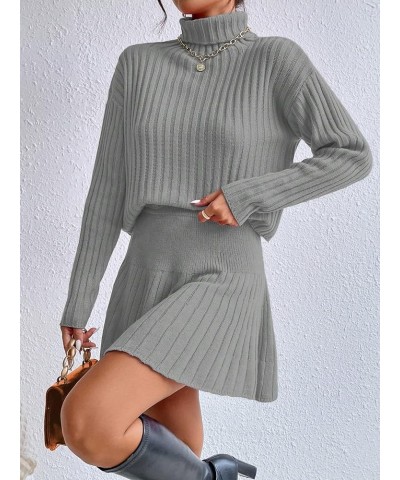 Women's 2 Piece Long Sleeve Turtleneck Drop Shoulder Ribbed Knit Sweater and Skirt Sets Grey $18.40 Sweaters