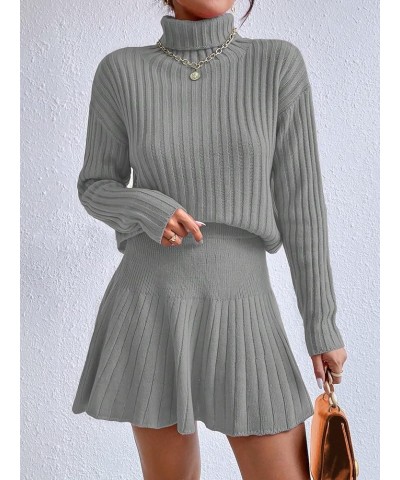 Women's 2 Piece Long Sleeve Turtleneck Drop Shoulder Ribbed Knit Sweater and Skirt Sets Grey $18.40 Sweaters