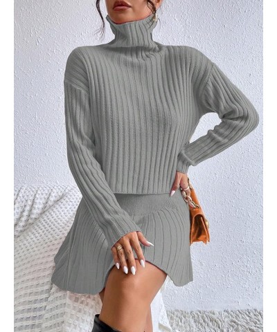 Women's 2 Piece Long Sleeve Turtleneck Drop Shoulder Ribbed Knit Sweater and Skirt Sets Grey $18.40 Sweaters