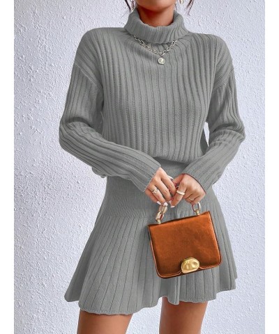 Women's 2 Piece Long Sleeve Turtleneck Drop Shoulder Ribbed Knit Sweater and Skirt Sets Grey $18.40 Sweaters