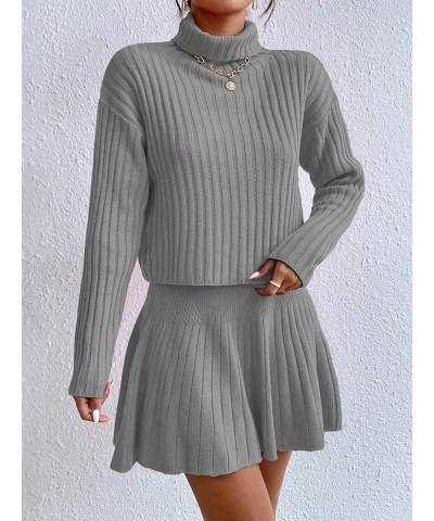 Women's 2 Piece Long Sleeve Turtleneck Drop Shoulder Ribbed Knit Sweater and Skirt Sets Grey $18.40 Sweaters