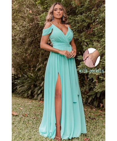 Women's Off Shoulder Long Bridesmaid Dresses Chiffon V Neck Formal Dress with Slit Wedding Party Gowns Orange $22.00 Dresses