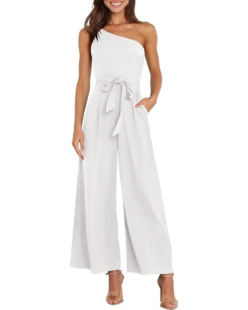 Women's Summer Dressy One Shoulder Sleeveless Tie Waist Straps Backless Wide Leg Jumpsuit Romper with Pockets White $27.55 Ju...