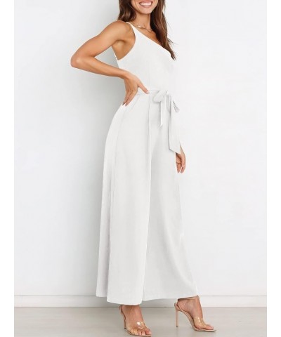 Women's Summer Dressy One Shoulder Sleeveless Tie Waist Straps Backless Wide Leg Jumpsuit Romper with Pockets White $27.55 Ju...