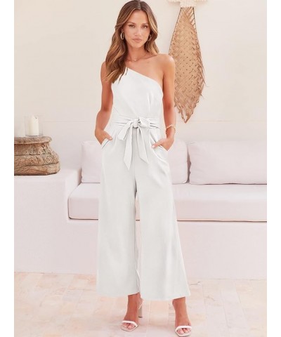 Women's Summer Dressy One Shoulder Sleeveless Tie Waist Straps Backless Wide Leg Jumpsuit Romper with Pockets White $27.55 Ju...