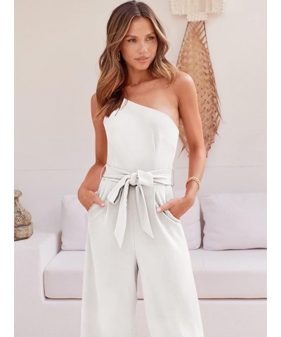 Women's Summer Dressy One Shoulder Sleeveless Tie Waist Straps Backless Wide Leg Jumpsuit Romper with Pockets White $27.55 Ju...