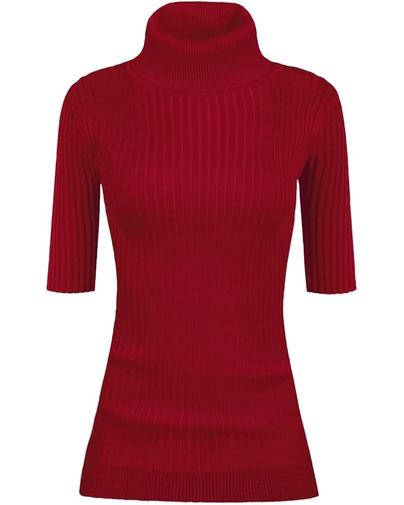 Women Sleeveless High Neck Turtleneck Stretchable Knit Sweater Top Half Sleeve Burgundy $17.53 Sweaters