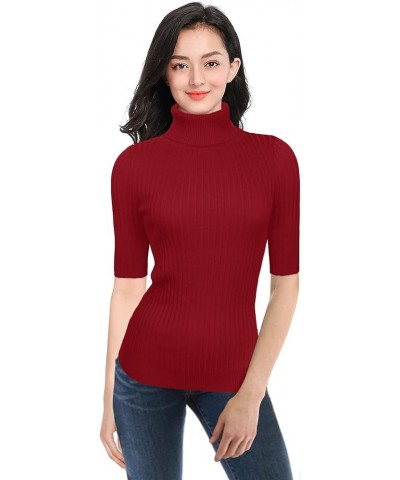 Women Sleeveless High Neck Turtleneck Stretchable Knit Sweater Top Half Sleeve Burgundy $17.53 Sweaters