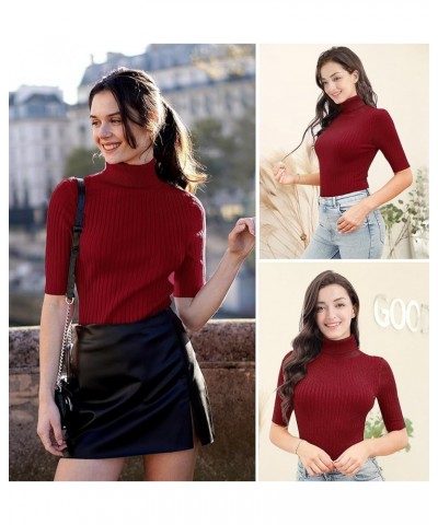 Women Sleeveless High Neck Turtleneck Stretchable Knit Sweater Top Half Sleeve Burgundy $17.53 Sweaters