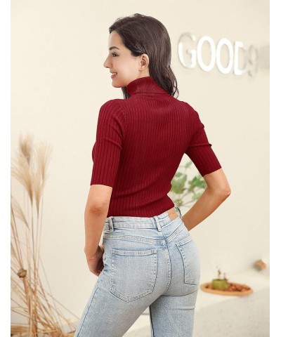 Women Sleeveless High Neck Turtleneck Stretchable Knit Sweater Top Half Sleeve Burgundy $17.53 Sweaters