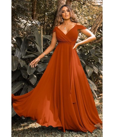 Women's Off Shoulder Long Bridesmaid Dresses Chiffon V Neck Formal Dress with Slit Wedding Party Gowns Orange $22.00 Dresses