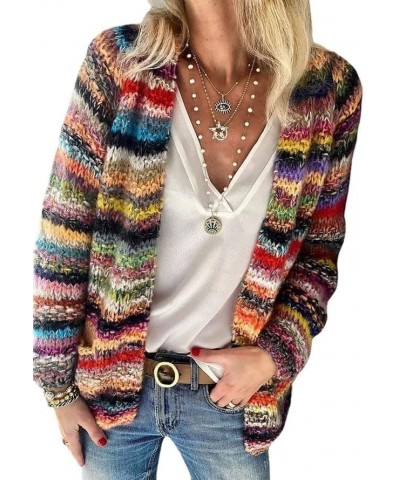 Womens Striped Button Down Sweater Crop Top Long Sleeve Cable Knit Colorful Cardigan Oversized Rainbow Sweaters Tops Colorful...