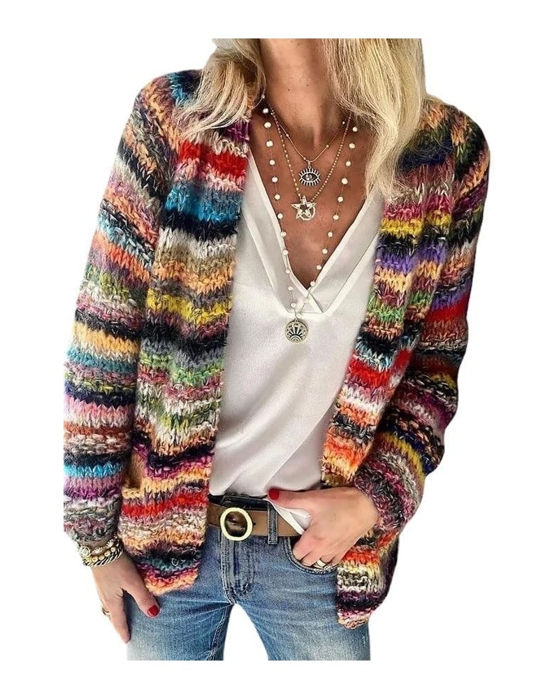 Womens Striped Button Down Sweater Crop Top Long Sleeve Cable Knit Colorful Cardigan Oversized Rainbow Sweaters Tops Colorful...